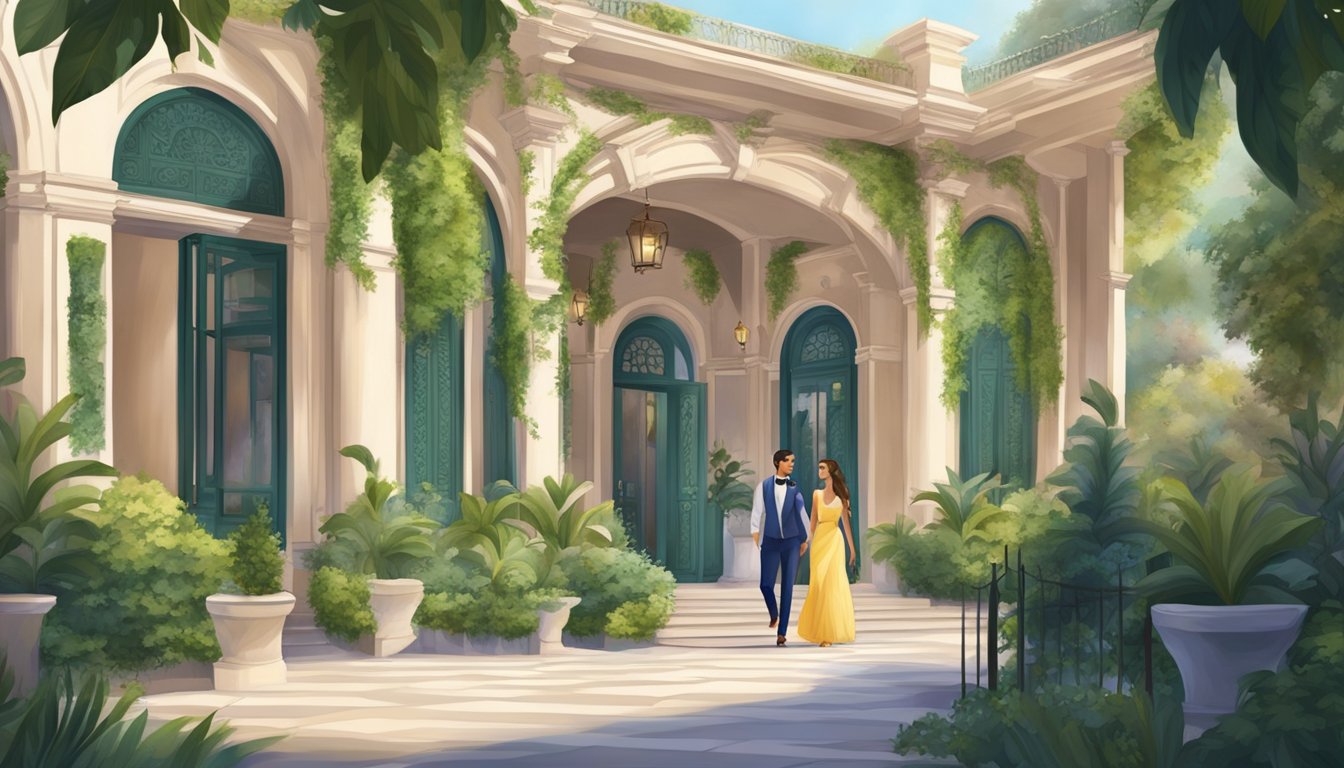 A couple walks through the grand entrance of The Alkaff Mansion Una restaurant, surrounded by lush greenery and elegant architecture