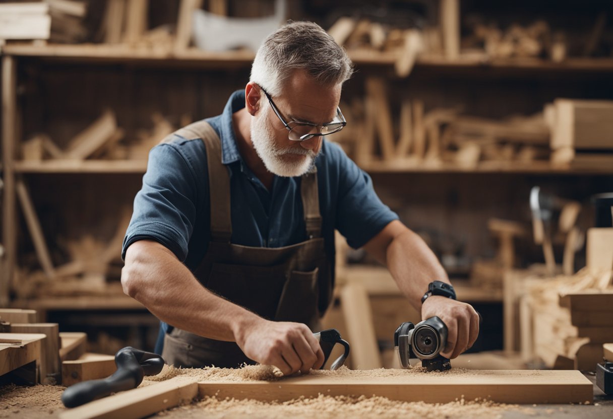 A carpenter measures and cuts wood in a cluttered workshop, surrounded by tools and materials. Sawdust fills the air as the carpenter works on a simple project
