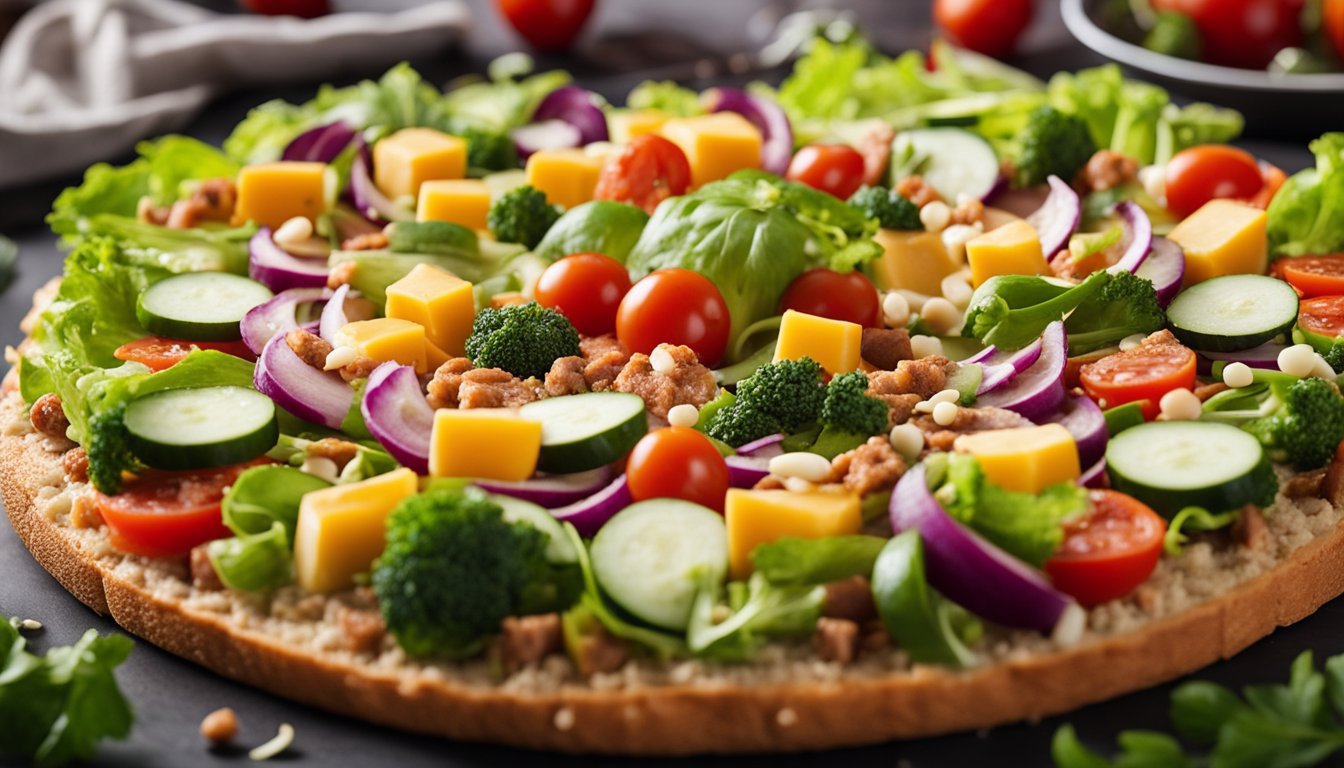 A colorful array of fresh vegetables and lean meats arranged on a whole wheat crust, topped with a light layer of melted cheese
