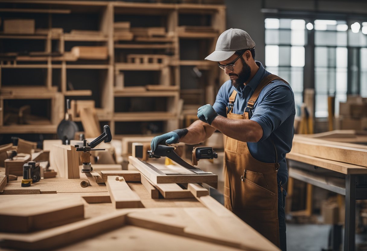 A carpenter carefully measures and cuts wood, ensuring precision and efficiency. Tools and materials are neatly organized, creating a professional and productive workspace