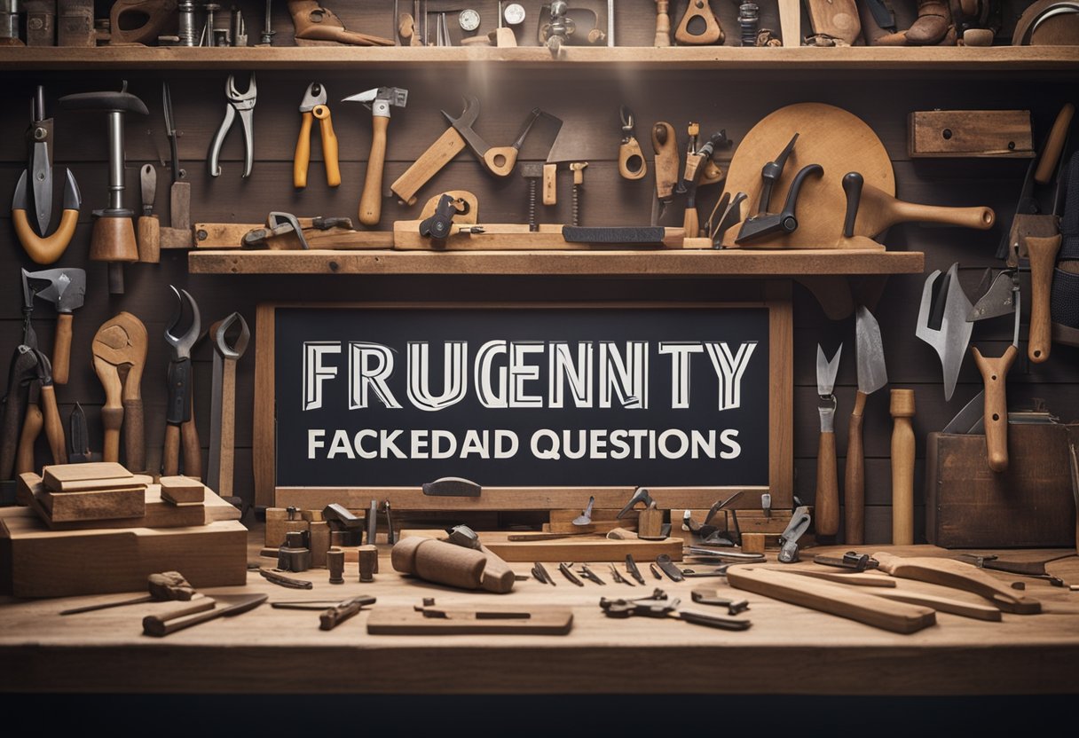 A carpenter's workbench with tools and wood, a sign with "Frequently Asked Questions" in a workshop setting
