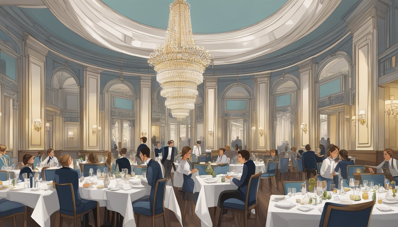 The restaurant at Victoria Concert Hall bustles with diners, the elegant interior adorned with chandeliers and crisp white tablecloths