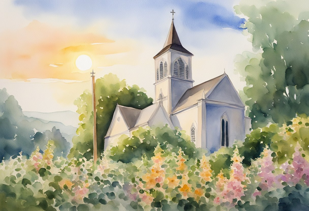 The church stands tall with a pointed steeple, surrounded by lush greenery and blooming flowers. The sun casts a warm glow on the building, highlighting its intricate architecture