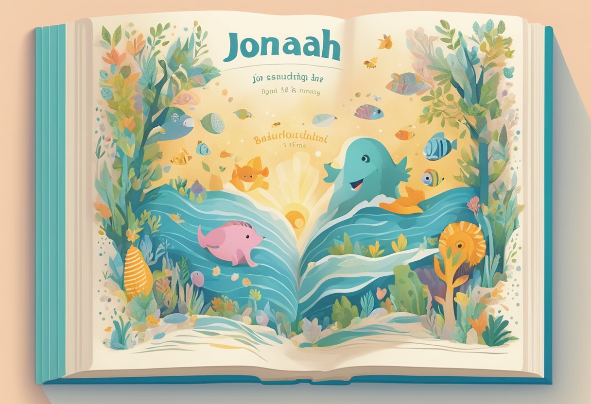 A baby name book open to the page for "Jonah," surrounded by colorful illustrations and decorative lettering