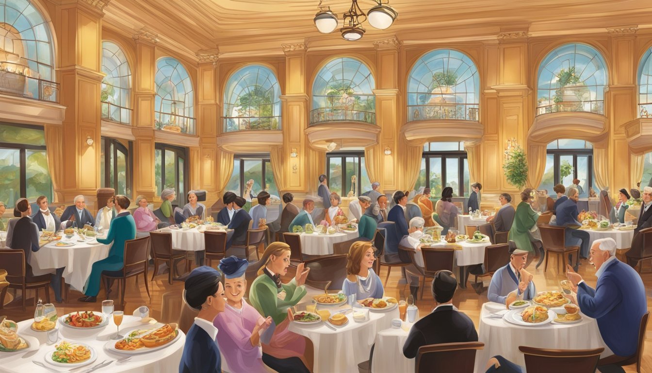 The bustling Victoria Concert Hall restaurant features a vibrant display of culinary delights, from colorful dishes to tantalizing desserts, set against a backdrop of elegant decor and lively conversation