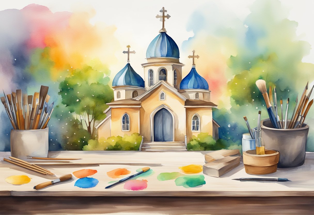 The church name is being crafted with calligraphy on a wooden signboard, surrounded by colorful paint and artistic tools