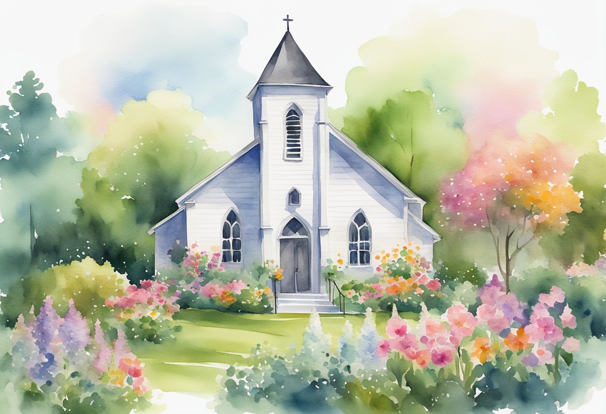 A quaint chapel with a tall steeple, surrounded by lush greenery and colorful flowers, with a sign displaying the church's name in elegant lettering