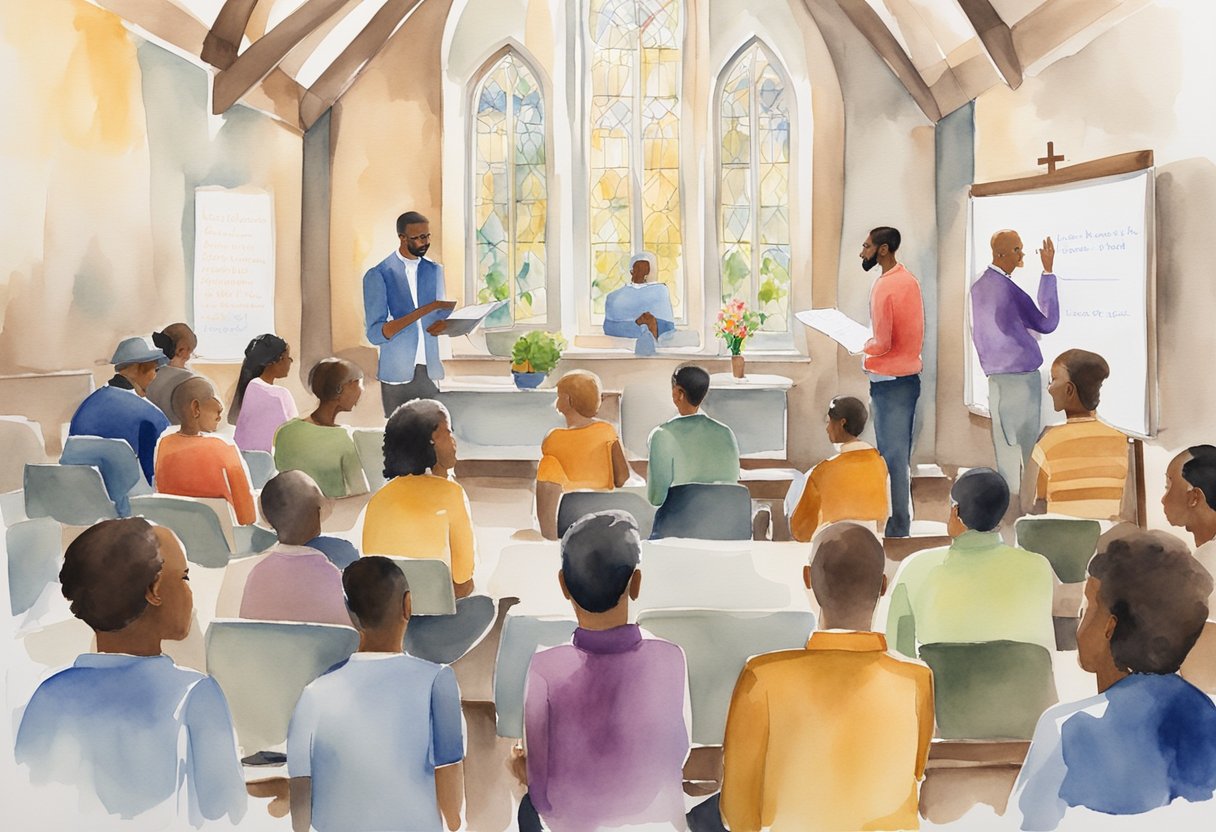 A group of people gather in a church, discussing and brainstorming different names for the church. A whiteboard is filled with various options as they engage in lively conversation