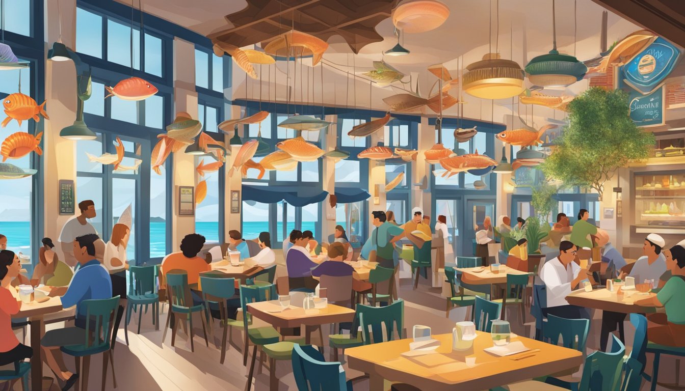 A bustling seafood restaurant with colorful signage, outdoor seating, and a lively atmosphere
