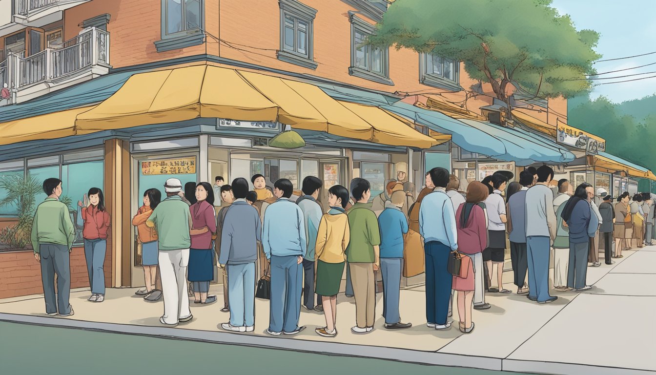 Customers line up outside Wang Lee Seafood Restaurant, eagerly awaiting their turn to enter. The sign displaying "Frequently Asked Questions" catches their attention