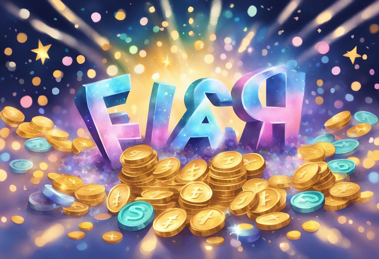 A glowing checkmark hovers above a pile of coins, surrounded by sparkles and confetti. The words "Flash Rewards" shine in bold letters above the scene