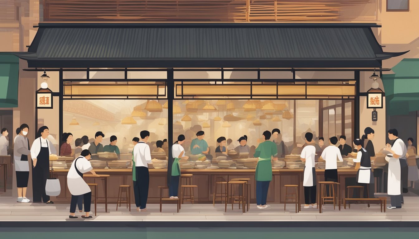 Customers line up outside a bustling yum cha restaurant. Steam rises from bamboo baskets filled with dumplings. Waiters weave through the tables, serving tea and small plates of delicious dim sum