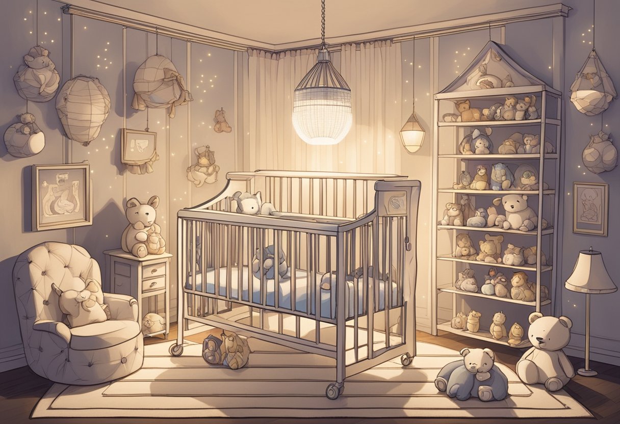 A crib with the name "Josephine" on it, surrounded by soft toys and a mobile hanging above