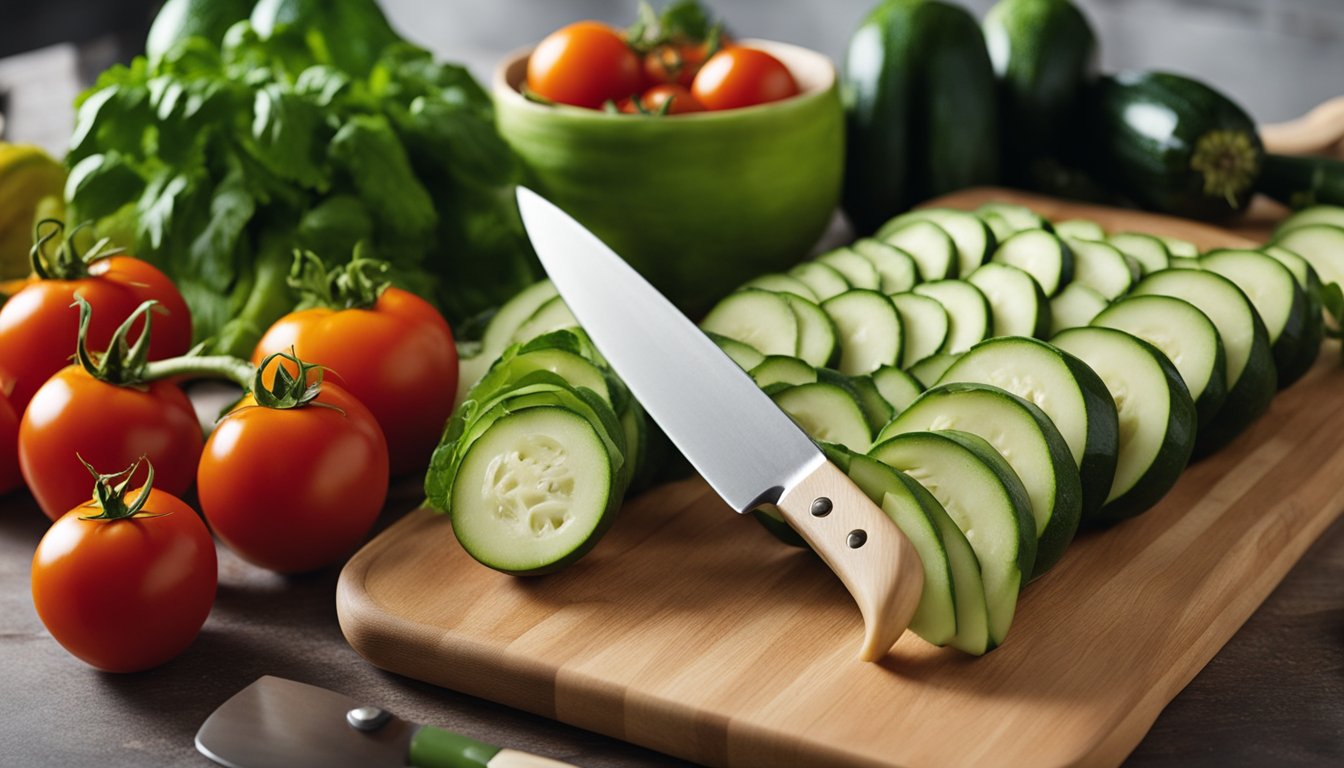 Fresh zucchinis, tomatoes, and herbs arranged on a wooden cutting board. A chef's knife nearby, ready to slice and prepare the ingredients for a healthy zucchini recipe