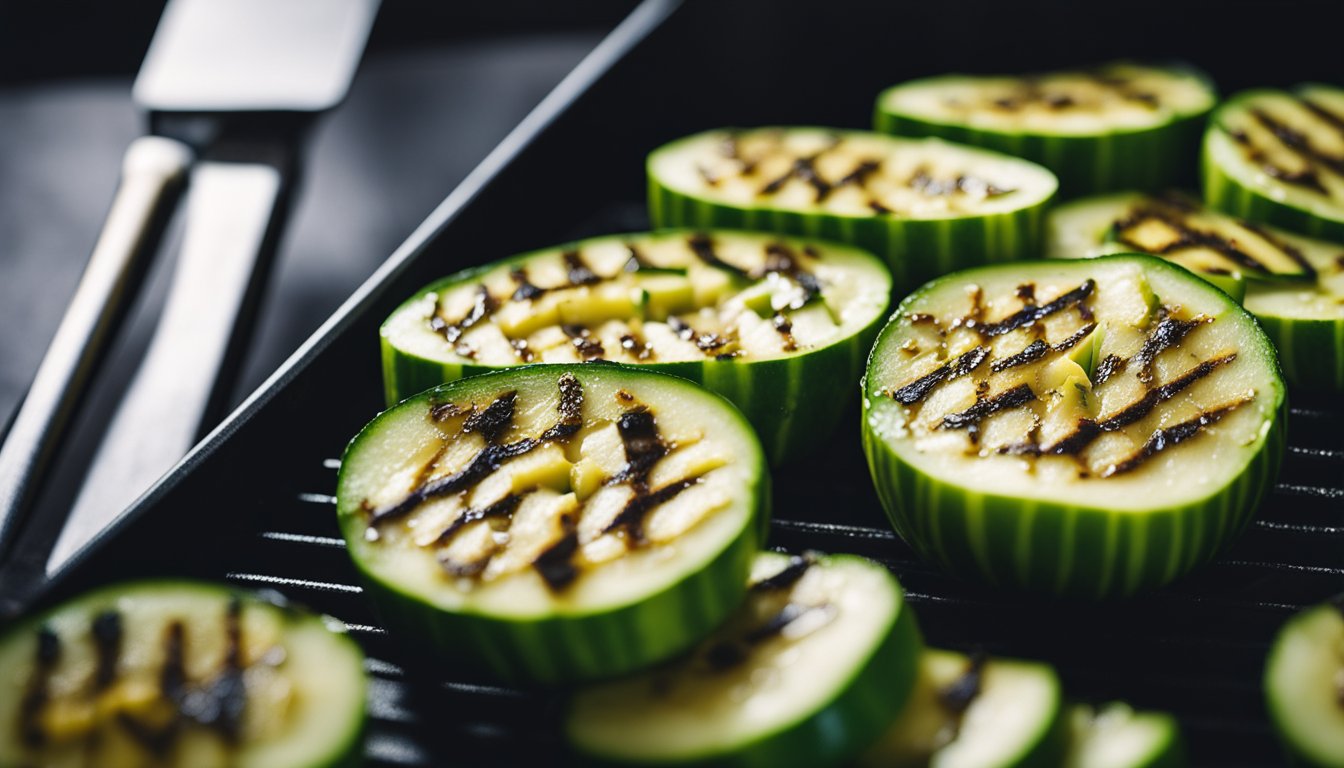 Zucchini being sliced and grilled on a hot pan, with a sprinkle of herbs and a drizzle of olive oil for a healthy and delicious dish