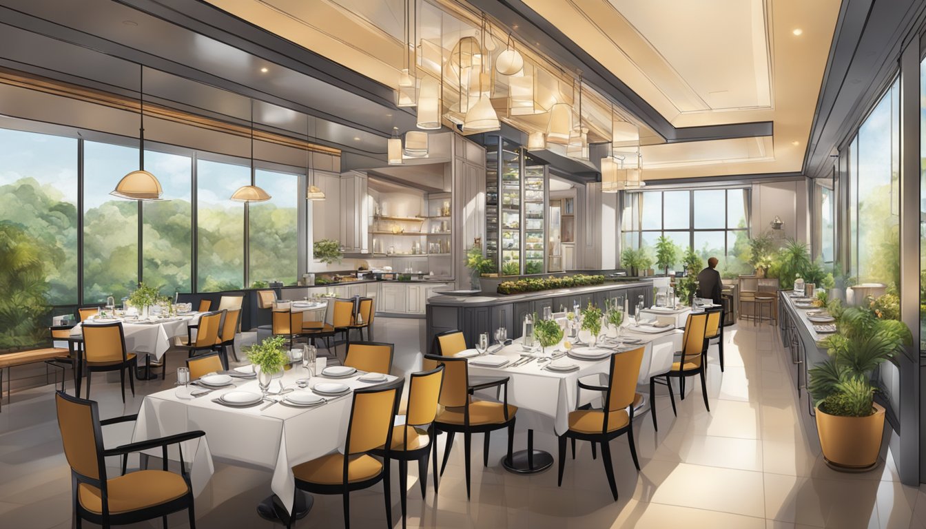 The A1 Culinary Experience: a vibrant restaurant with modern decor, bustling kitchen, and elegant table settings