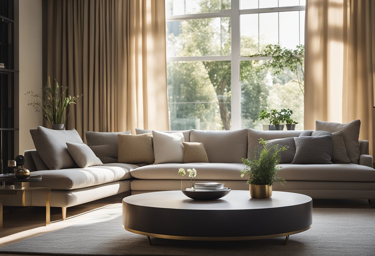 A modern sofa faces a low coffee table. Sunlight streams through sheer curtains onto a clean, uncluttered space with neutral colors and simple decor