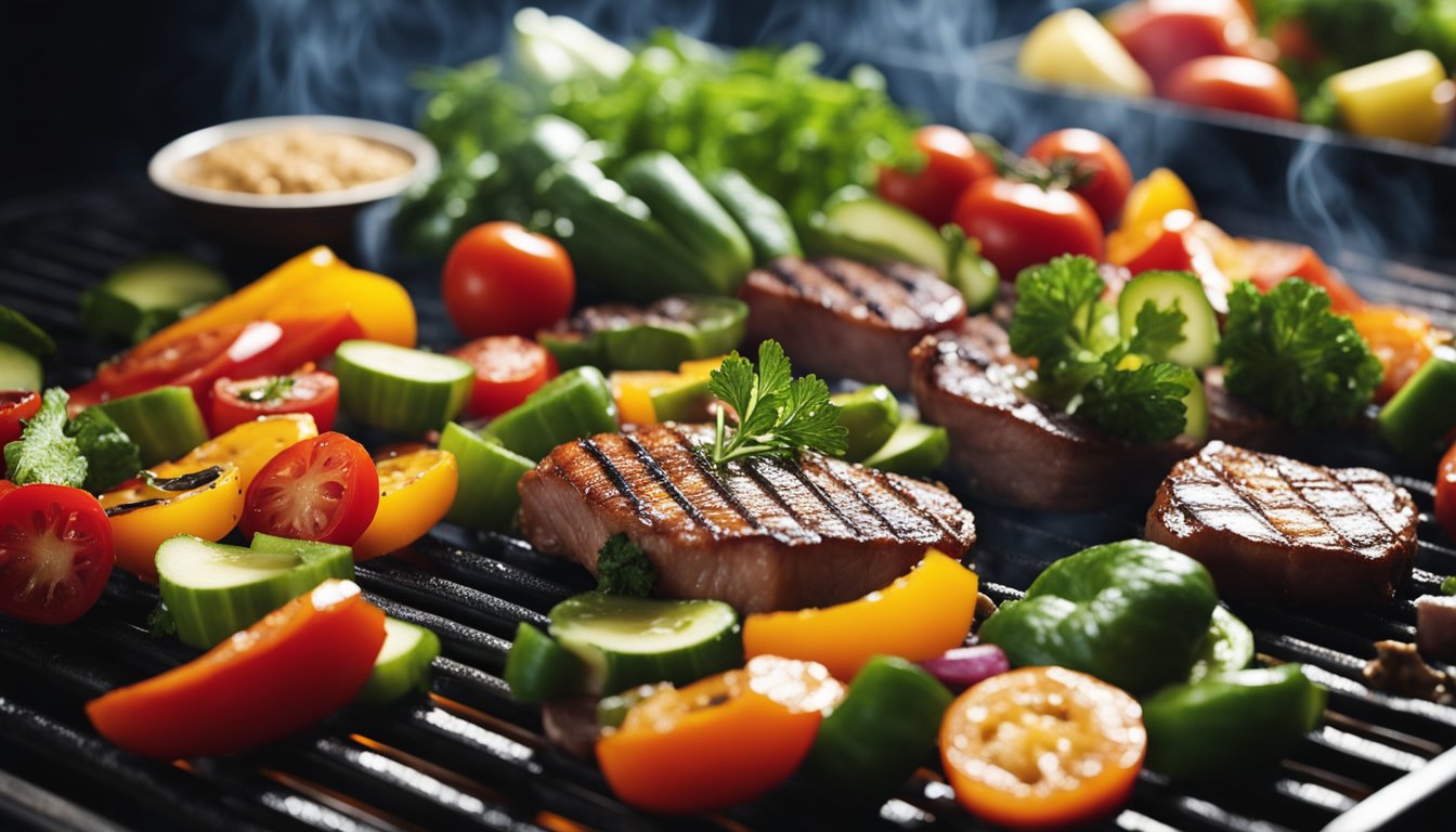 A colorful array of fresh vegetables and lean meats sizzling on a hot blackstone grill, emitting mouth-watering aromas