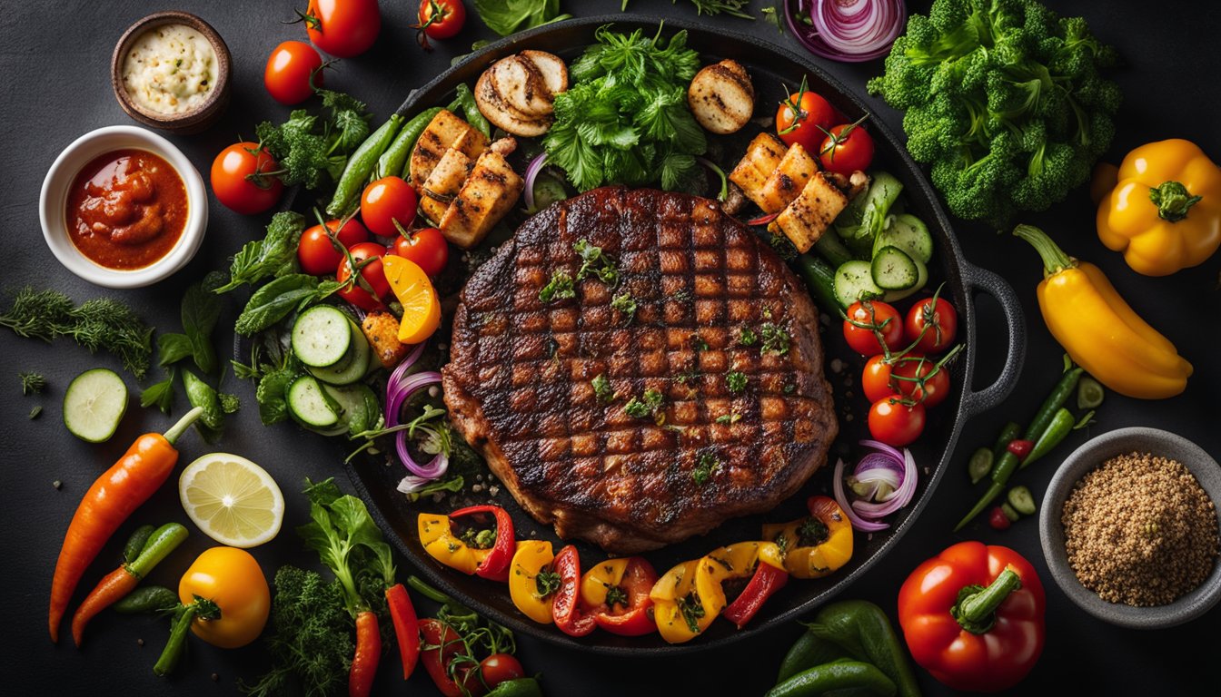 A sizzling blackstone grill with an array of colorful vegetables and lean meats, surrounded by vibrant herbs and spices