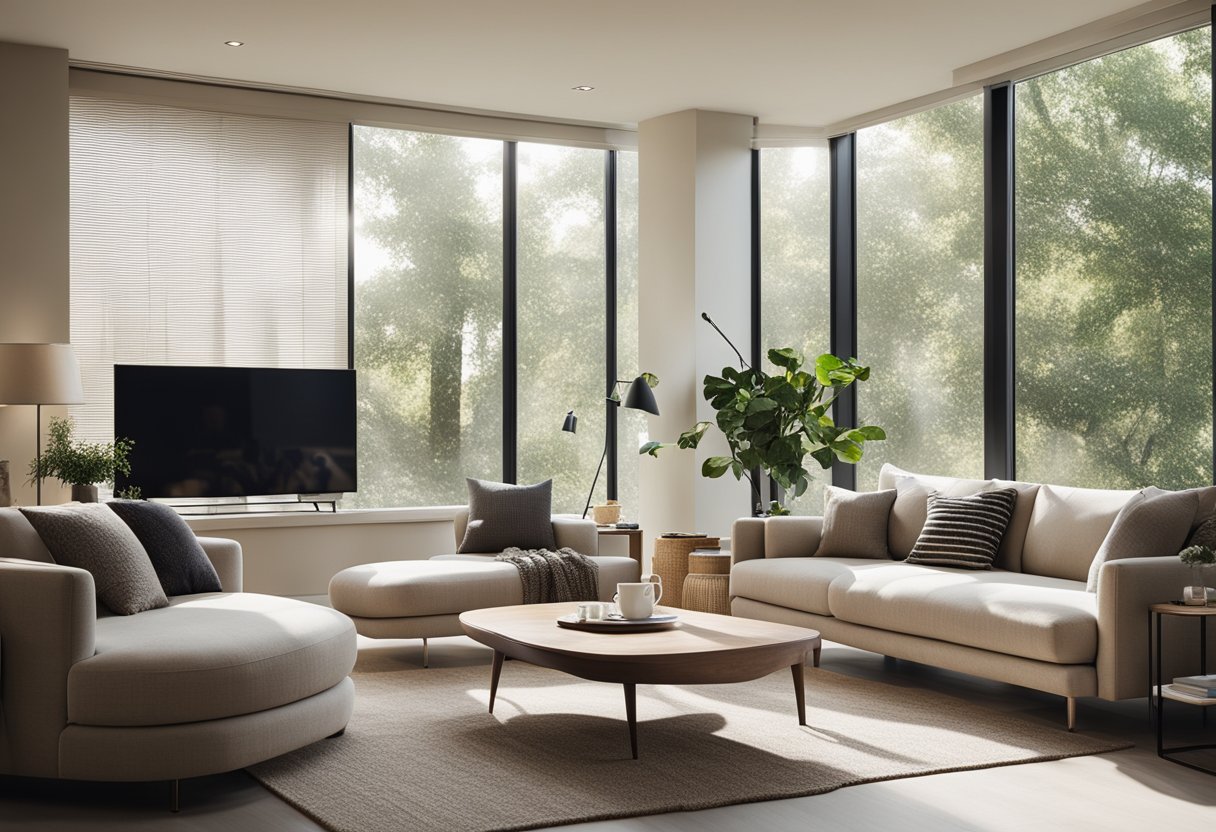 A clean, uncluttered living room with neutral colors, simple furniture, and lots of natural light streaming in through large windows