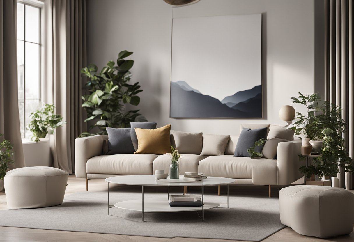 A clean, uncluttered living room with neutral colors, sleek furniture, and minimal decor. A single piece of art on the wall adds a touch of elegance to the space