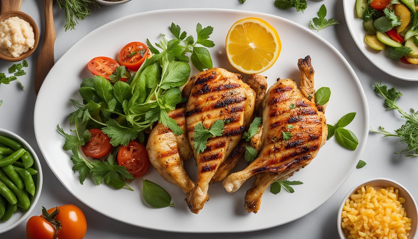 A colorful array of grilled chicken, fresh vegetables, and herbs on a clean, white plate