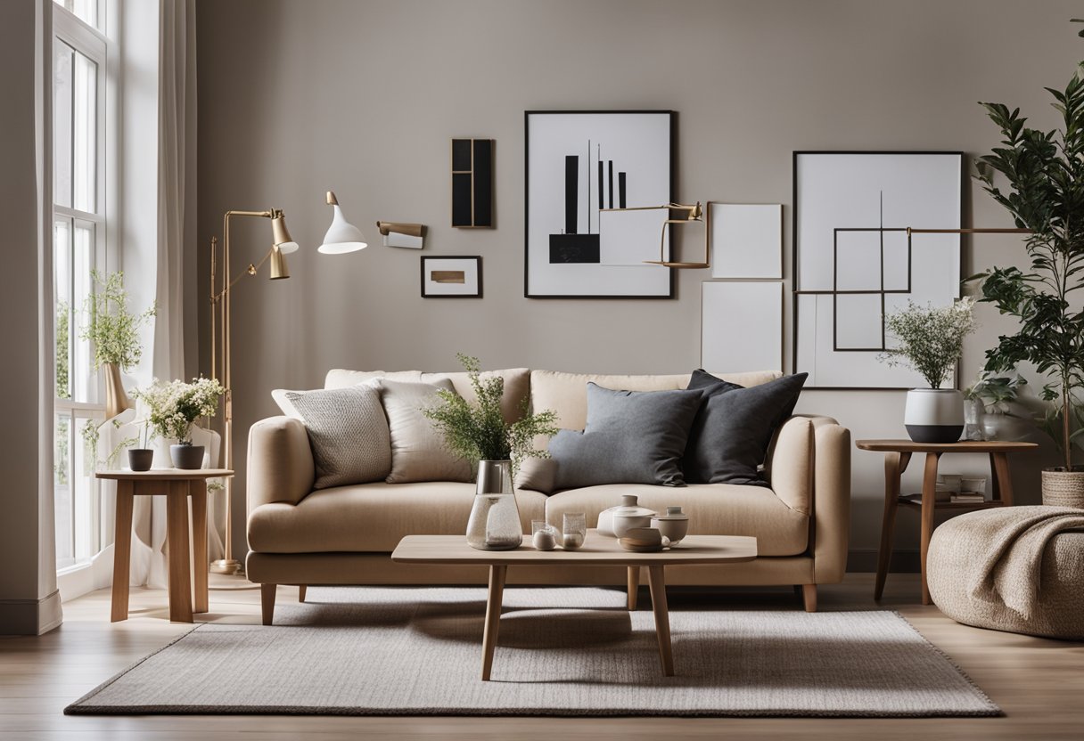 A cozy living room with clean lines, neutral colors, and minimal furniture. A large, uncluttered space with a few carefully chosen decor items