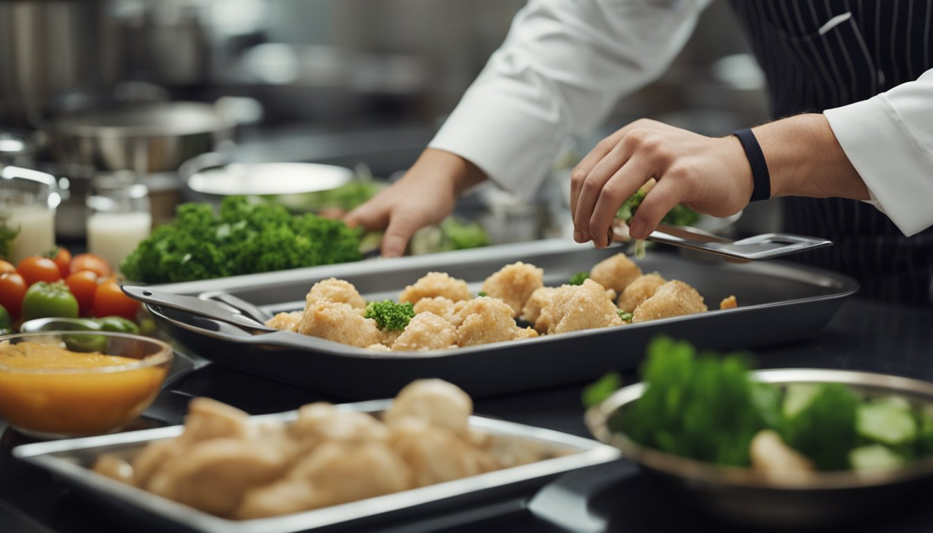 A chef prepares various healthy chicken dishes, adjusting ingredients for specific dietary needs. Ingredients and cooking utensils are neatly arranged on a kitchen counter