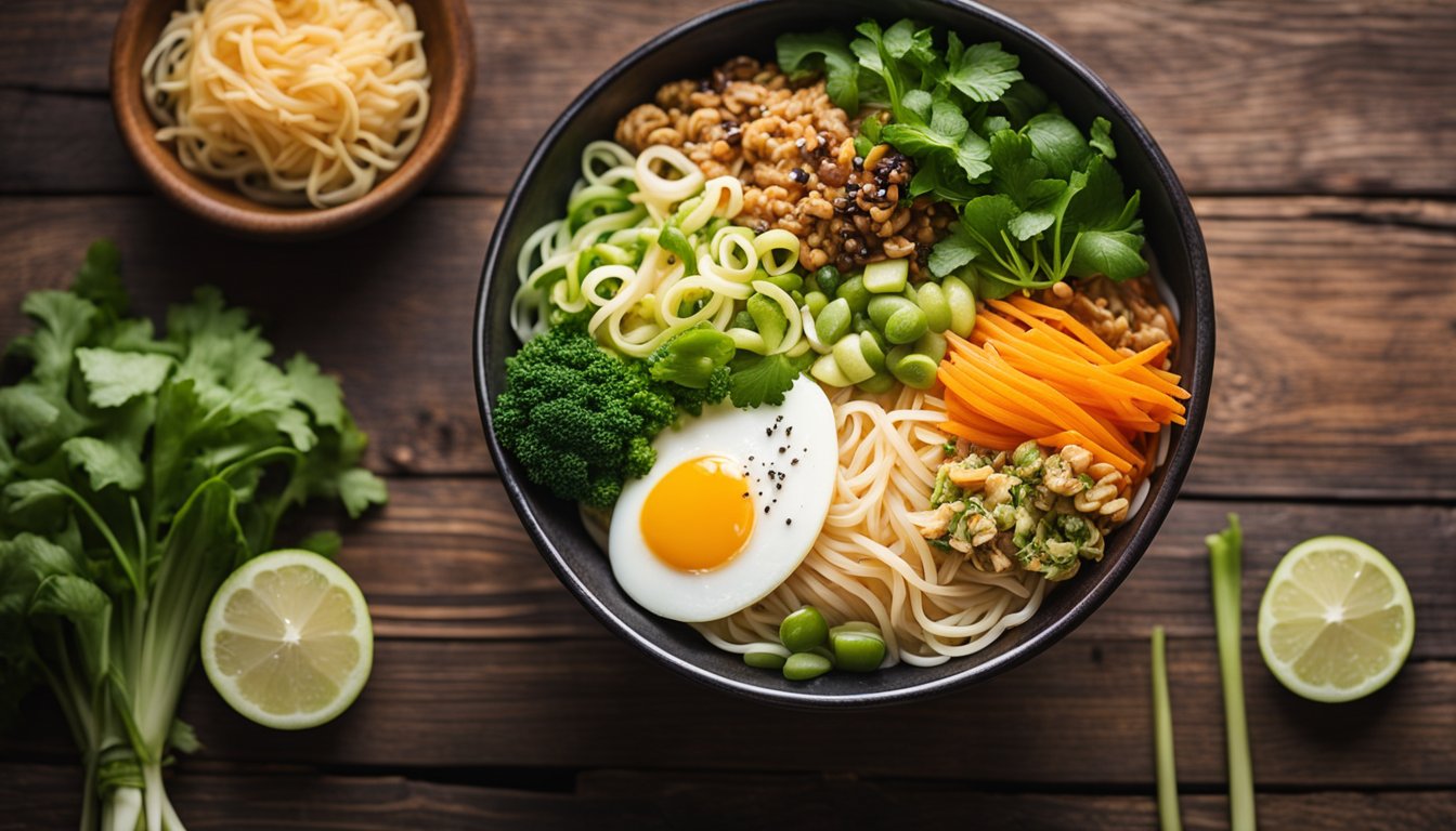 A steaming bowl of colorful, vegetable-packed ramen sits on a rustic wooden table, surrounded by fresh ingredients like vibrant greens, crunchy sprouts, and thinly sliced protein