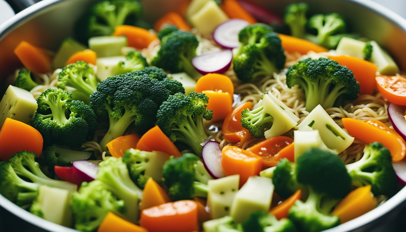A colorful array of fresh vegetables, such as broccoli, carrots, and bell peppers, are being chopped and added into a steaming pot of flavorful ramen broth