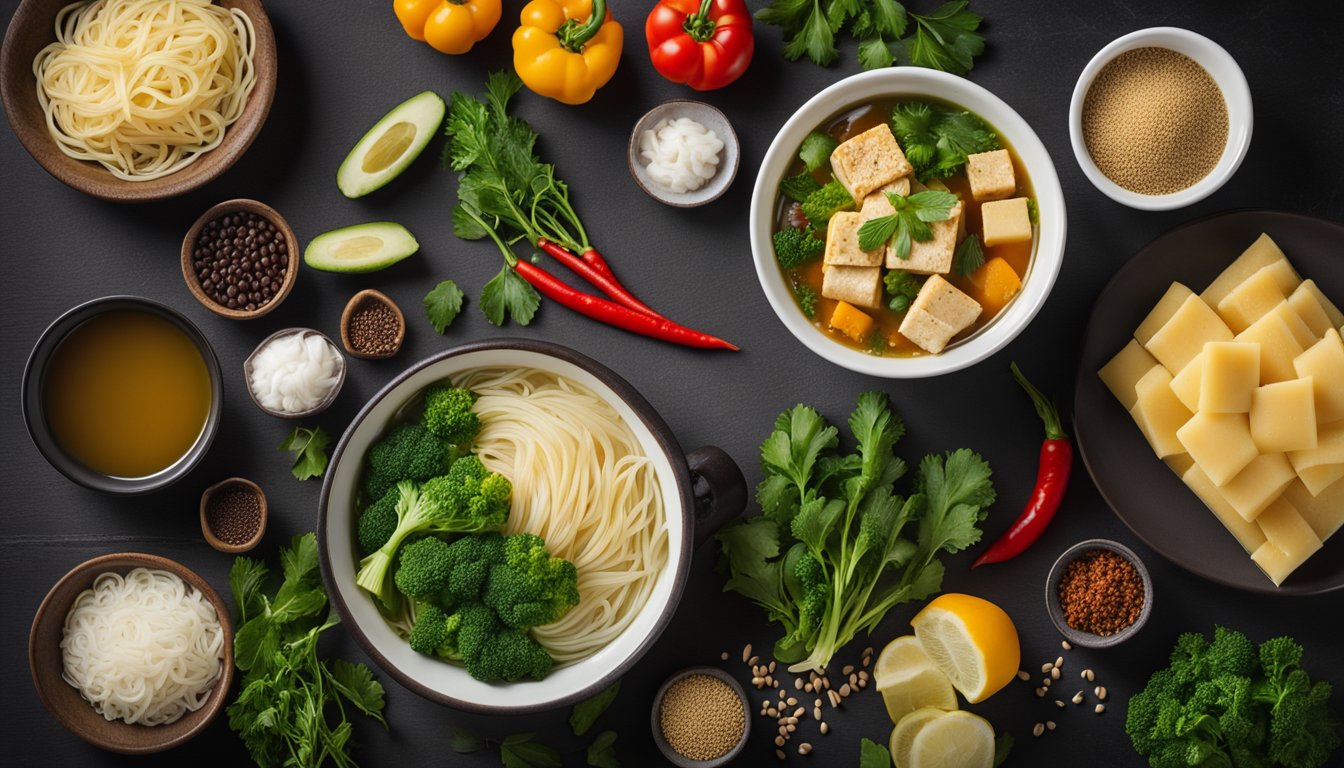 Fresh vegetables and herbs arranged around a pot of simmering broth with noodles, tofu, and seasonings nearby