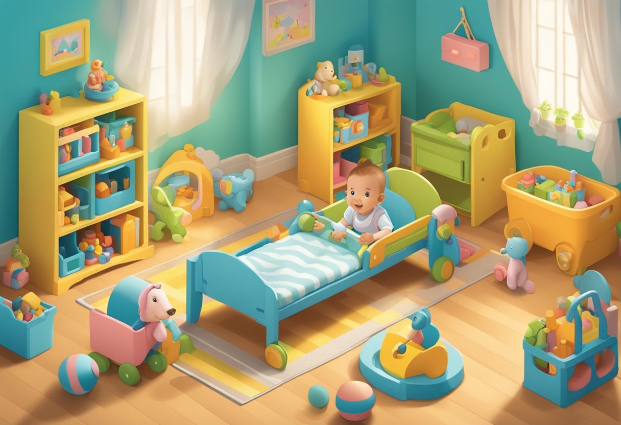 A baby named Jordan playing with toys in a colorful nursery