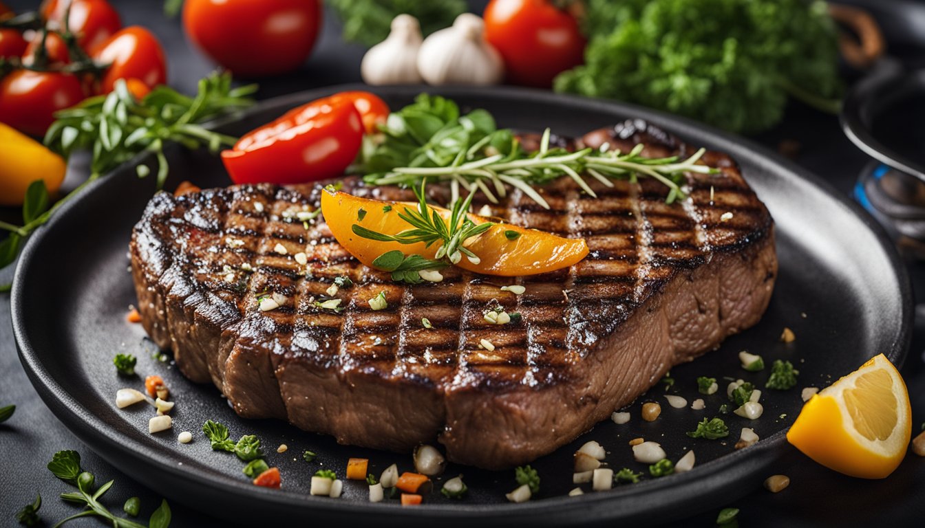 A sizzling steak with colorful grilled vegetables on the side, sprinkled with fresh herbs and seasonings