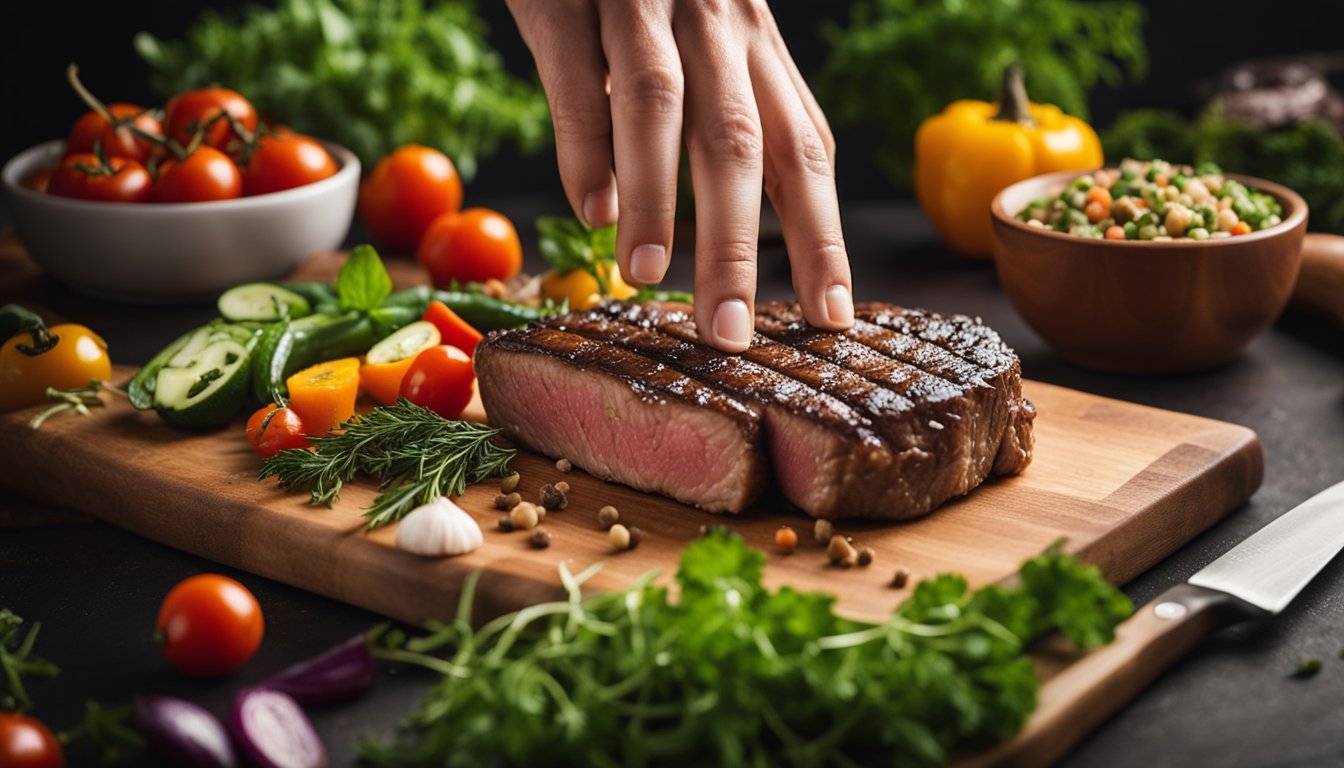 A hand reaches for a juicy steak, surrounded by fresh herbs and colorful vegetables on a cutting board