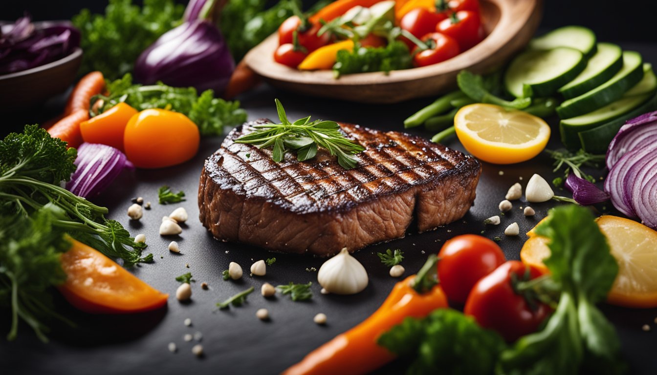 A sizzling steak surrounded by vibrant, colorful vegetables and fresh herbs, exuding an enticing aroma
