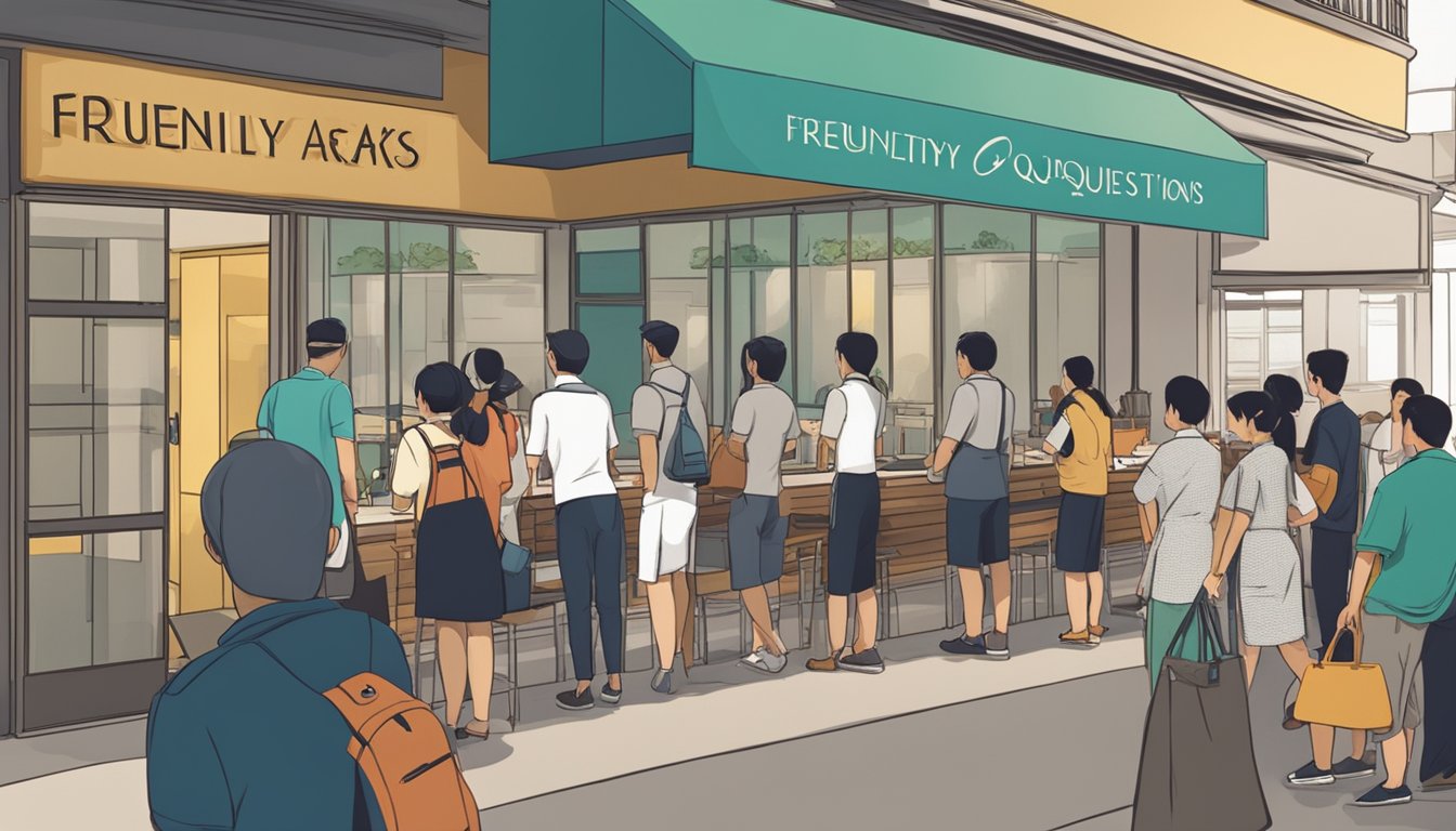 Customers lining up at Alankar Restaurant in Singapore, with a sign displaying "Frequently Asked Questions" prominently featured