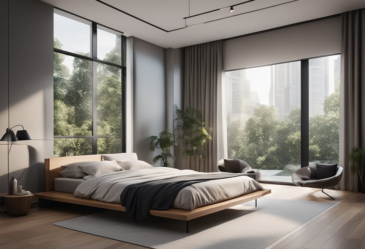 A modern bedroom with a sleek platform bed, minimalistic decor, and large windows letting in natural light