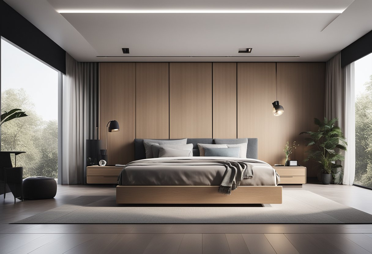 A spacious bedroom with a sleek platform bed against a wall, surrounded by built-in storage and minimalistic decor