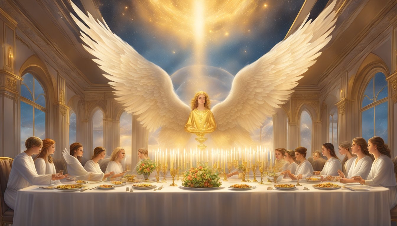 Angels dining at a long table in a celestial restaurant, surrounded by clouds and golden light