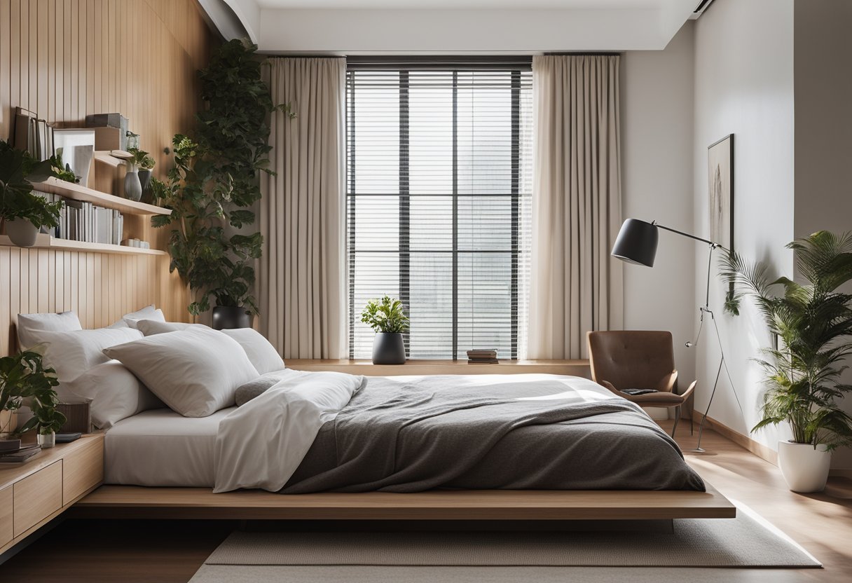 A modern, minimalist bedroom with a sleek platform bed, clean lines, and neutral colors. A large window lets in natural light, and a wall-mounted shelf holds books and decor