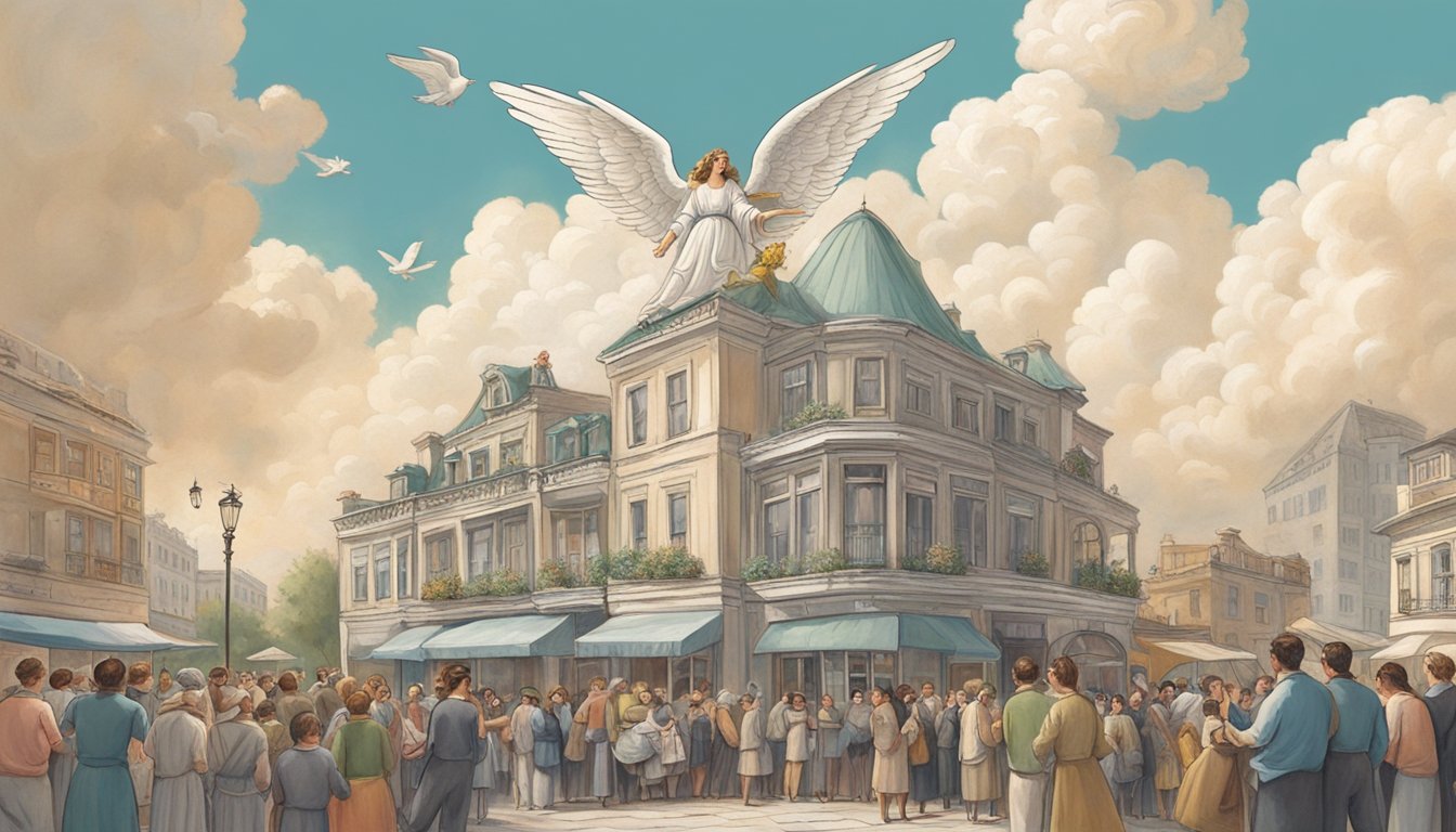 An angel perched on a cloud, pointing to a row of elegant restaurants, with a crowd of curious onlookers below
