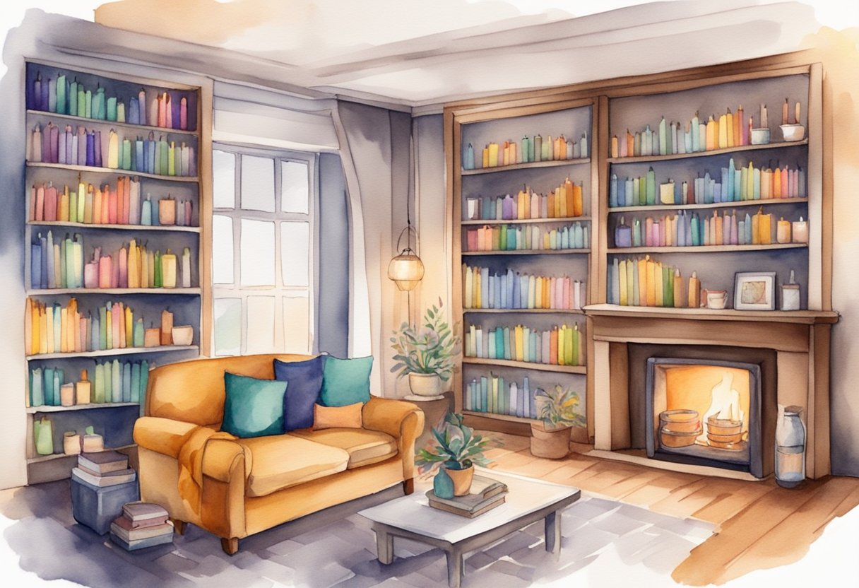 A cozy living room with shelves of colorful candles, a flickering fireplace, and a notebook filled with potential candle company name ideas