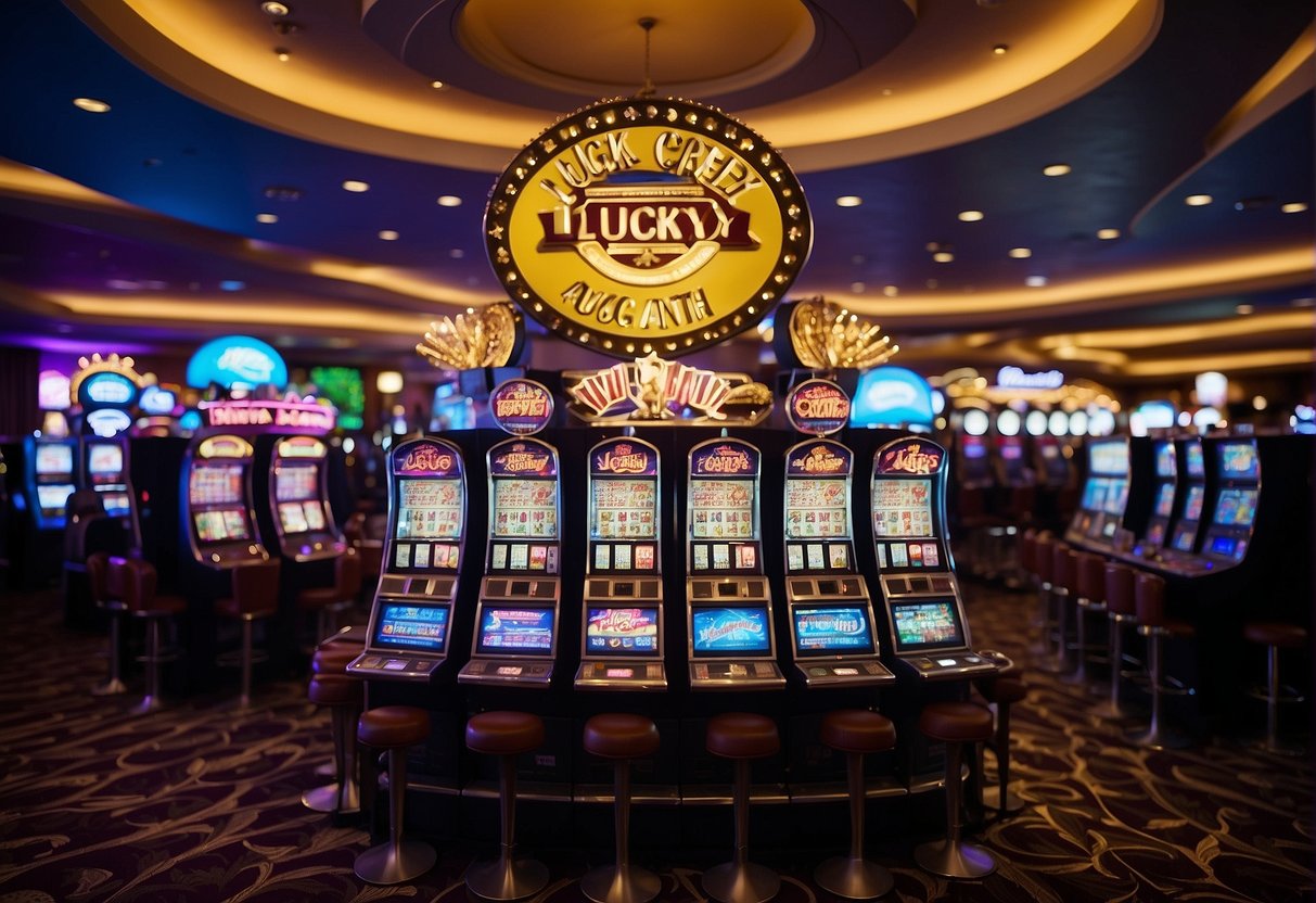 A colorful casino backdrop with a prominent "lucky creek" sign, surrounded by various slot machines and gaming tables. The atmosphere is vibrant and exciting, with flashing lights and energetic patrons enjoying the thrill of gambling