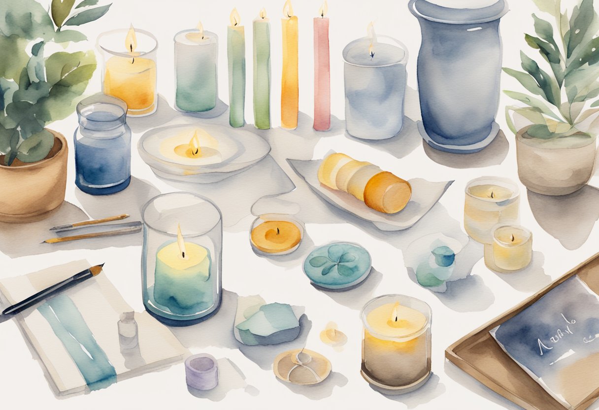 A table with various candle-related objects: wax, wicks, fragrances, and branding materials. A mood board with potential company names and logo sketches