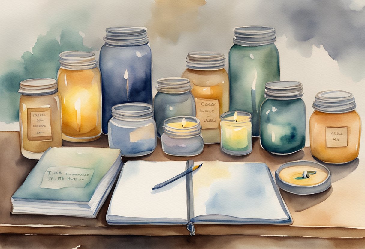 A table with various candle-related items: jars, wax, wicks, and labels. A notebook with different candle company names written on it