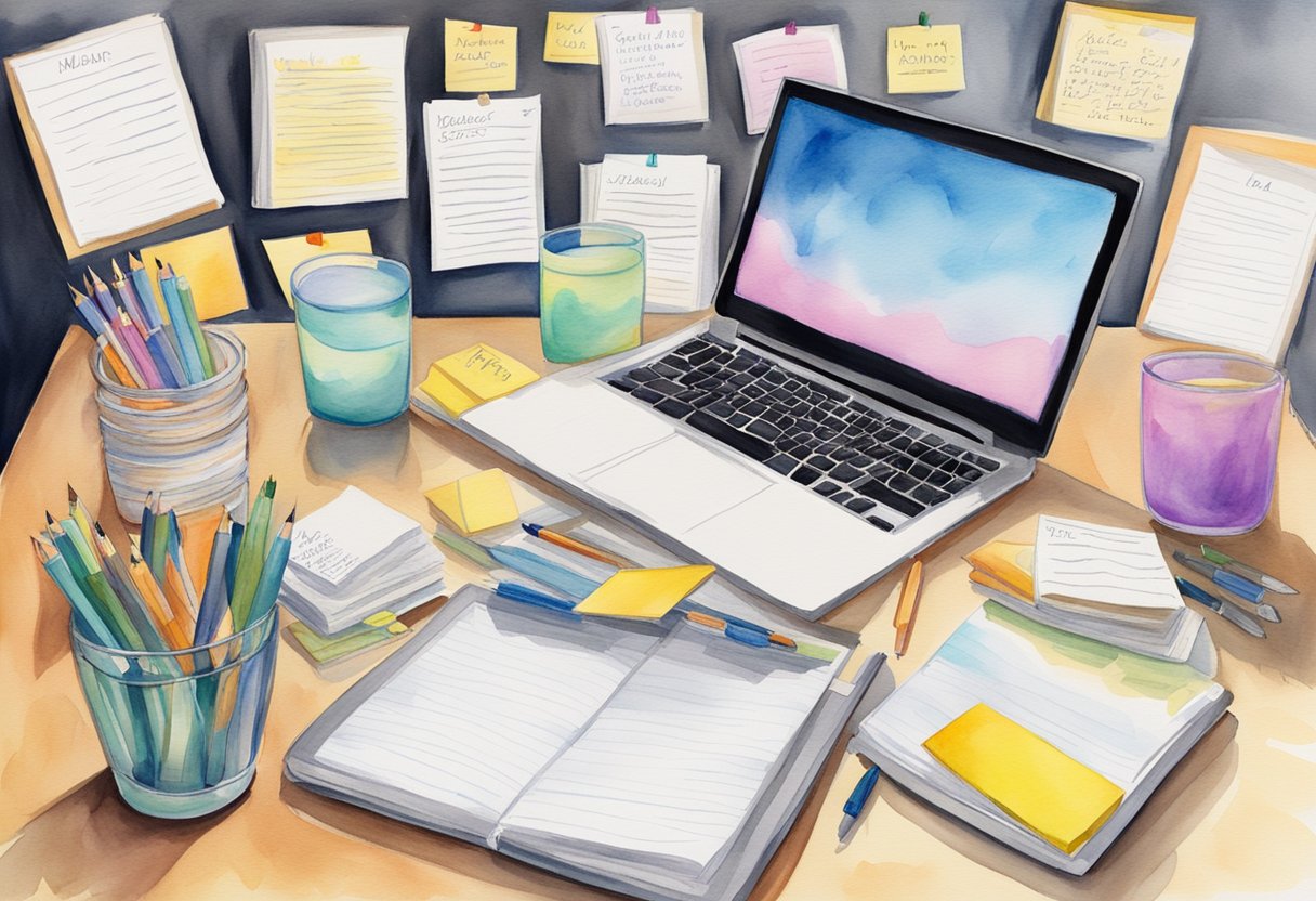 A table covered in notepads and pens, with a laptop open to a list of potential candle company names. Post-it notes with brainstormed ideas cover the walls