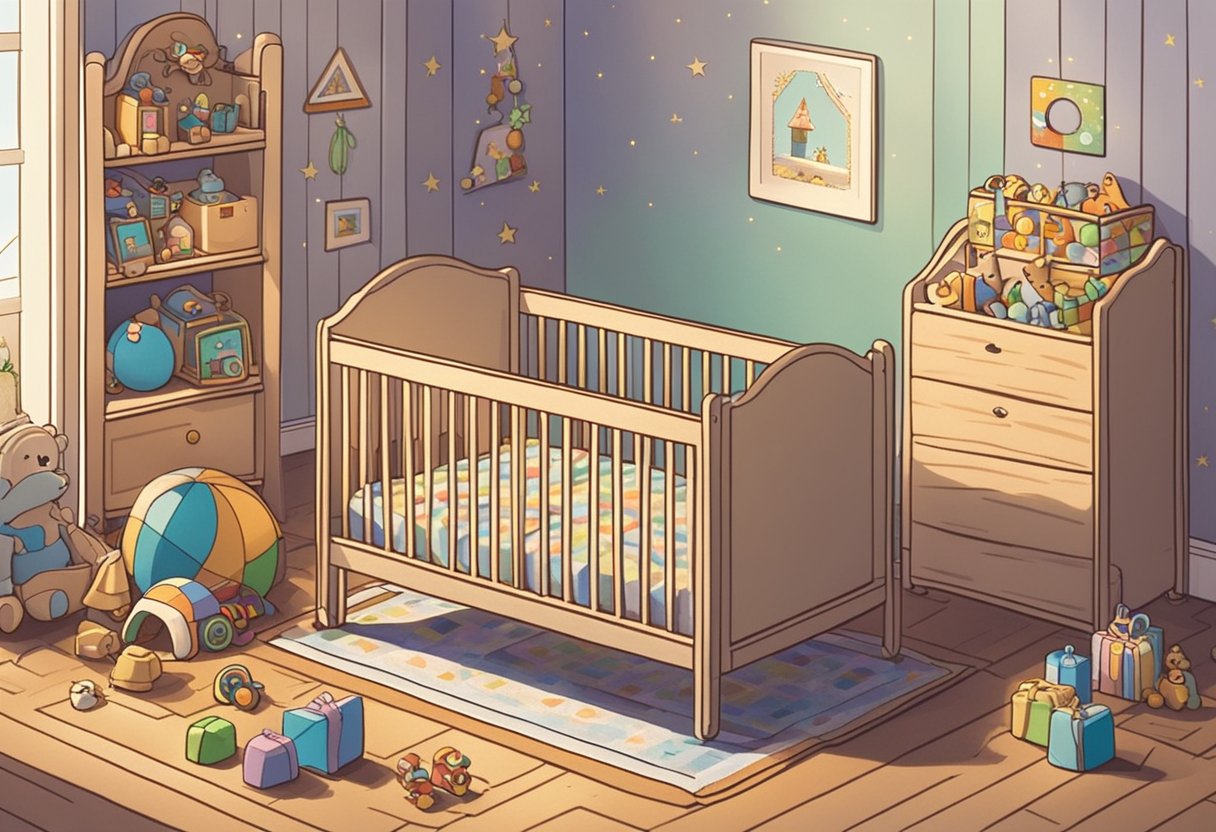 A crib with the name "Jonathan" written on the side in colorful letters, surrounded by toys and a cozy blanket