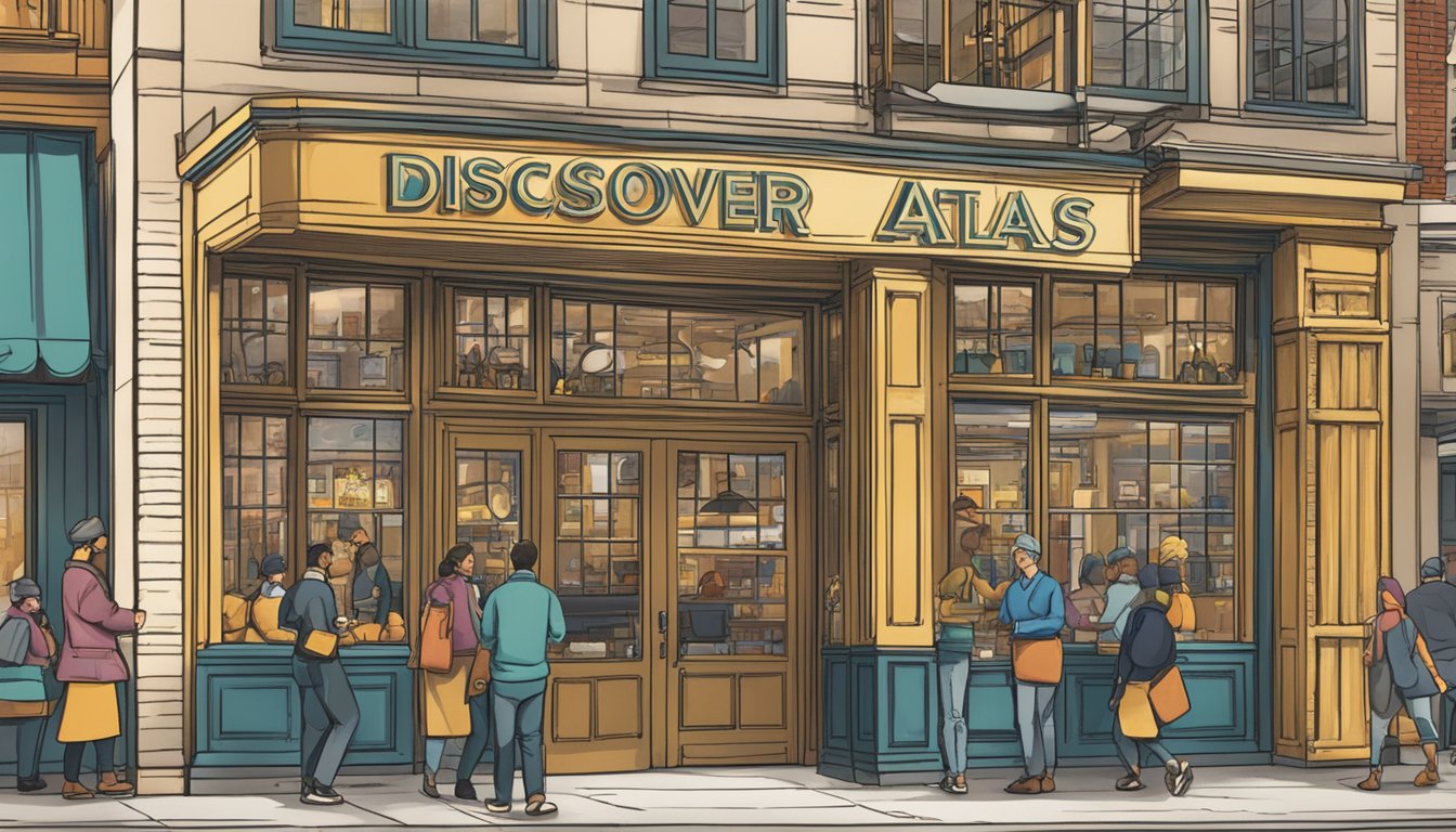 A bustling restaurant with a grand entrance, large windows, and a sign reading "Discover Atlas" in bold lettering