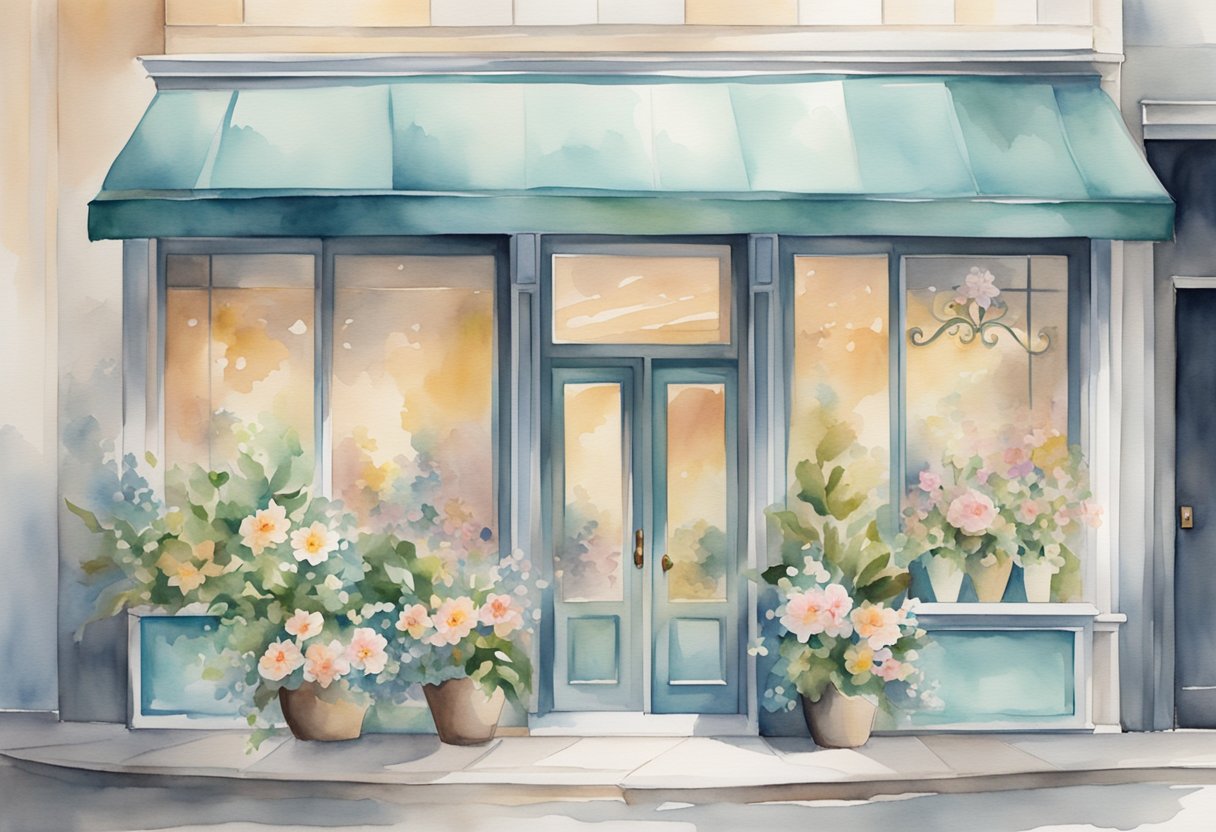 A storefront sign with elegant lettering, surrounded by flowers and a sleek logo, catches the eye of passersby