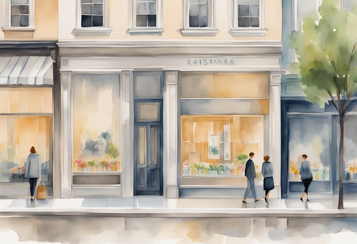 A row of elegant storefronts display bold, modern beauty business names, drawing in passersby with their sleek and stylish branding